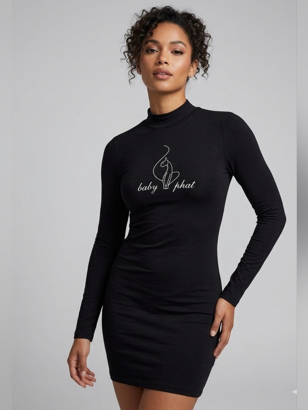 Baby Phat Y2K Black Mock Neck Long Sleeve Mini Dress Logo Size Large